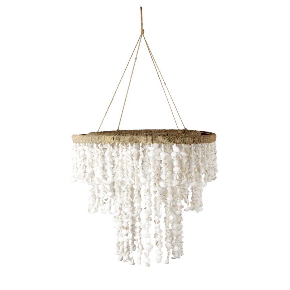 Lampenschirm Lampe Hängelampe weiss Deko Muscheln Boho Ibiza Bohemian Wohnstil Hängender Lampenschirm Soulbirdee Onlineshop