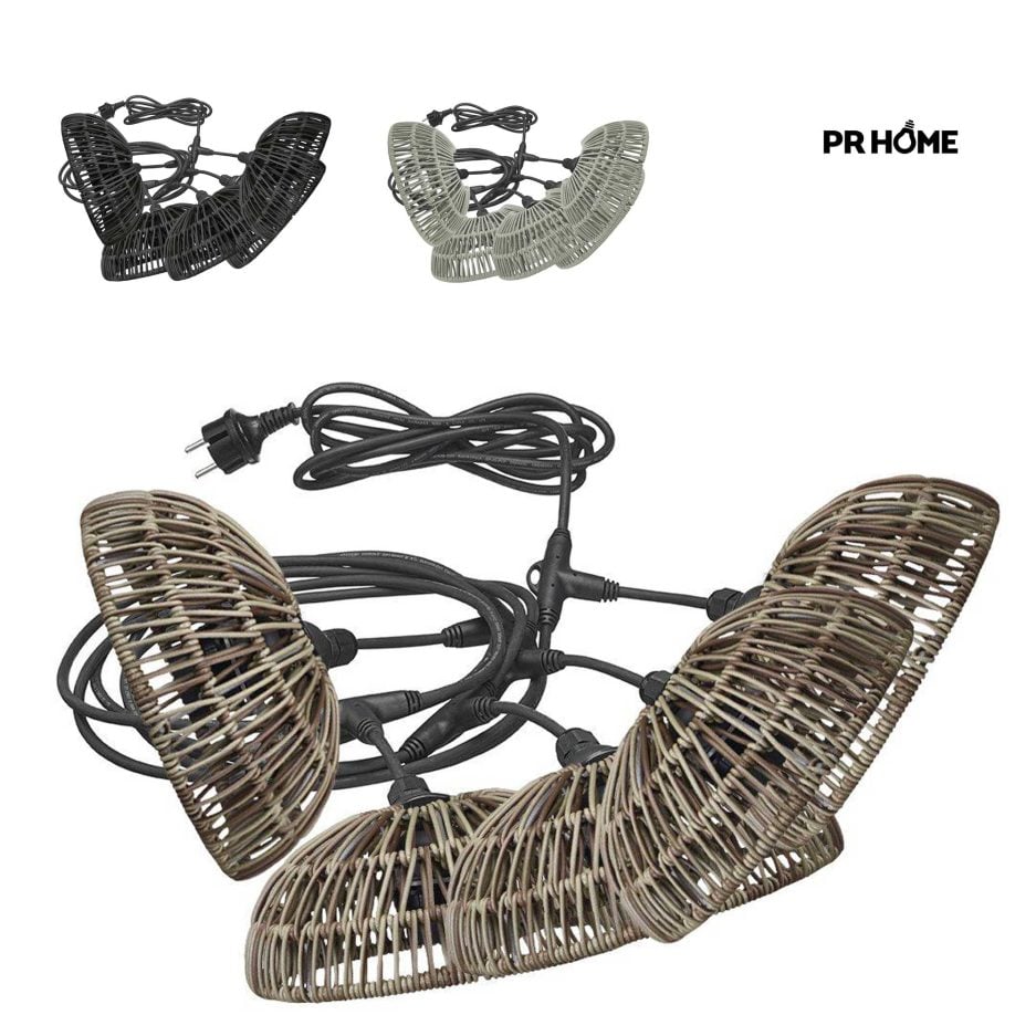 Outdoor Lichterkette mit 5 Lampenschirmen aus Poly-Rattan Beleuchtung für Terrasse & Balkon mit 5 Lampen Soulbirdee Onlineshop